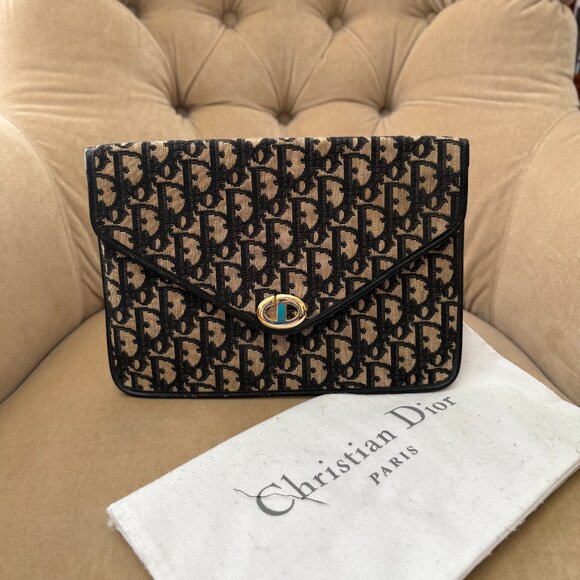 VTG Auth CHRISTIAN DIOR Iconic TROTTER Circa 1960's Navy Canvas CD Clutch Bag - Picture 1 of 6